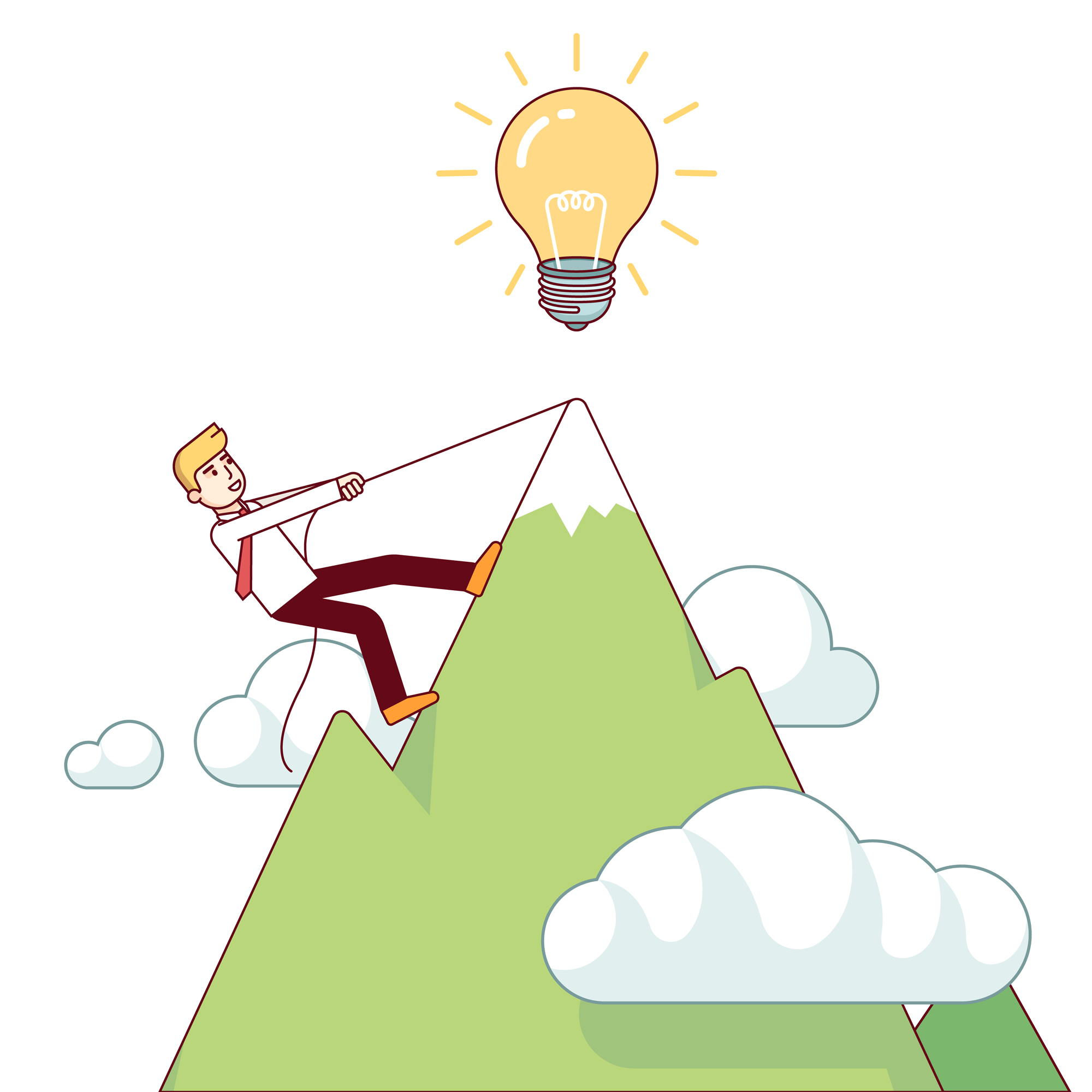 Business man working hard climbing mountain to accomplish his great big idea. Success determination and hard work concept. Modern flat style thin line vector illustration isolated on white background.