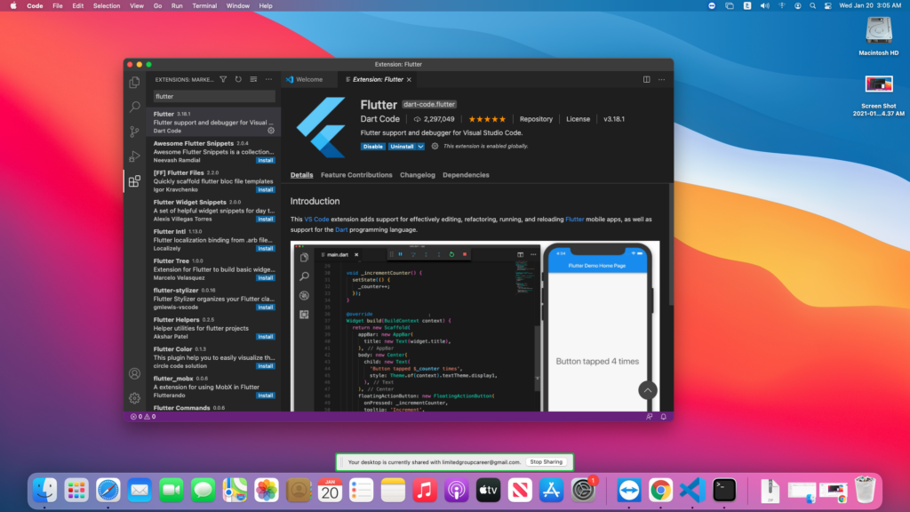 سيكون شكل الجانب الايمن من الشاشة كالتالي عند اتمام تنصيب اضافة Flutter