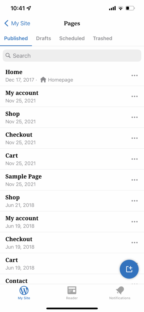 Managing site pages from mobile