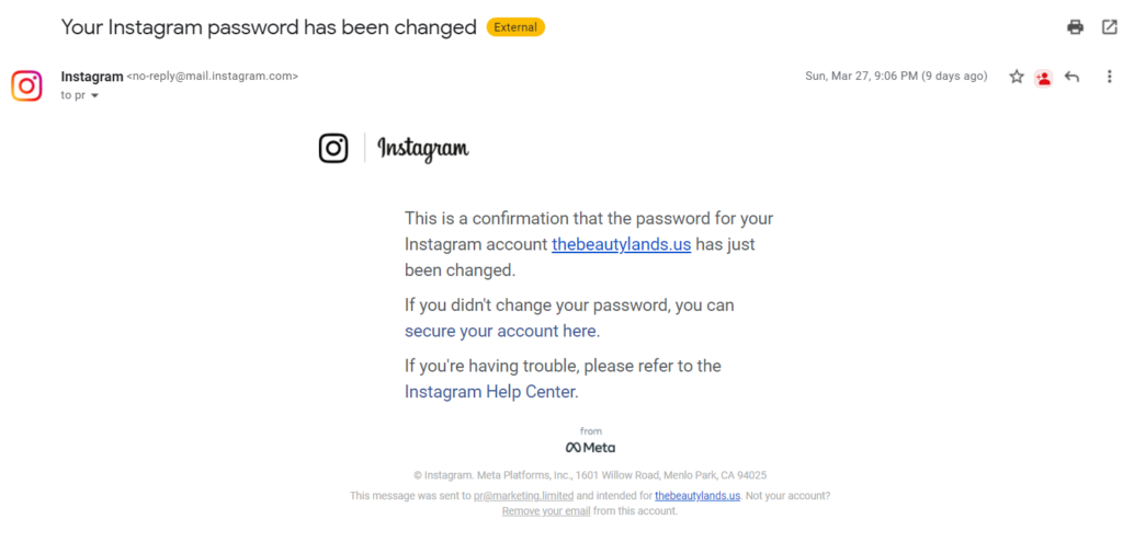 استرجاع حساب انستقرام من رسائل التنبيه بالبريد الالكتروني